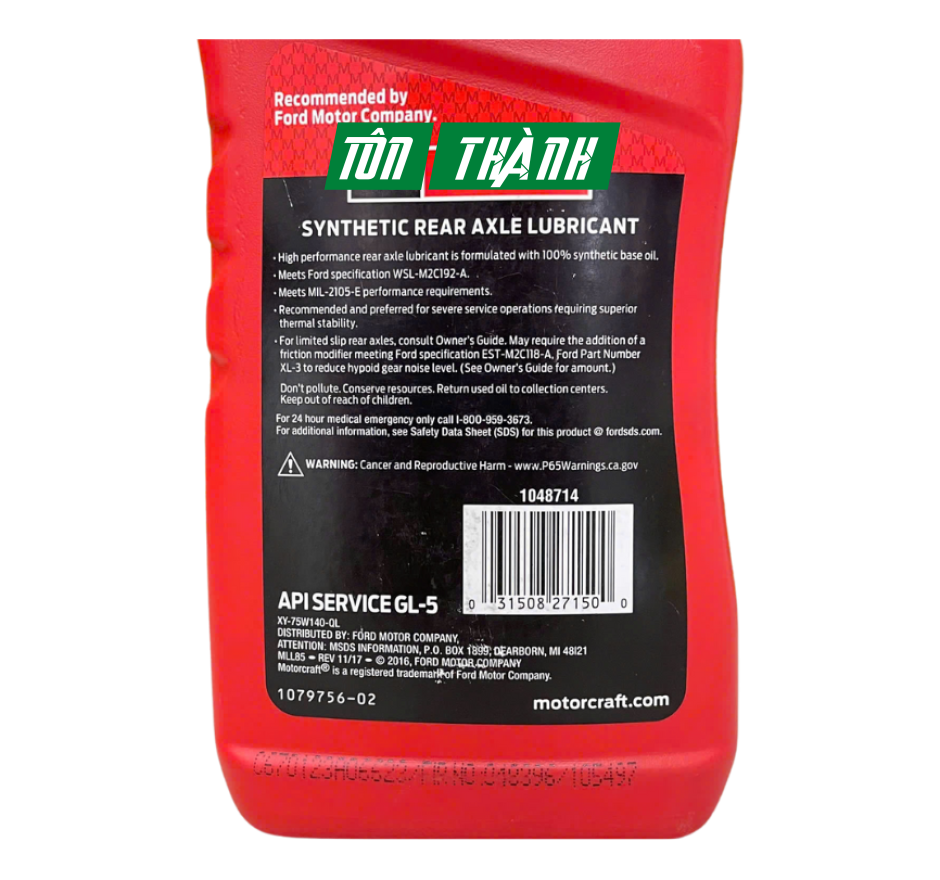 Dầu cầu - hộp số sàn SYNTHETIC REAR AXLE LUBRICANT 75W-140 (1 Lít)