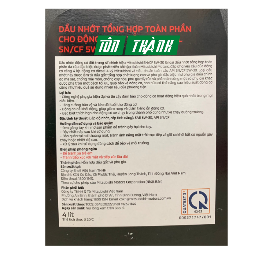 DẦU NHỚT TỔNG HỢP ĐỘNG CƠ 4T - MITSUBISHI SN/CF_5W30 (4 LÍT)