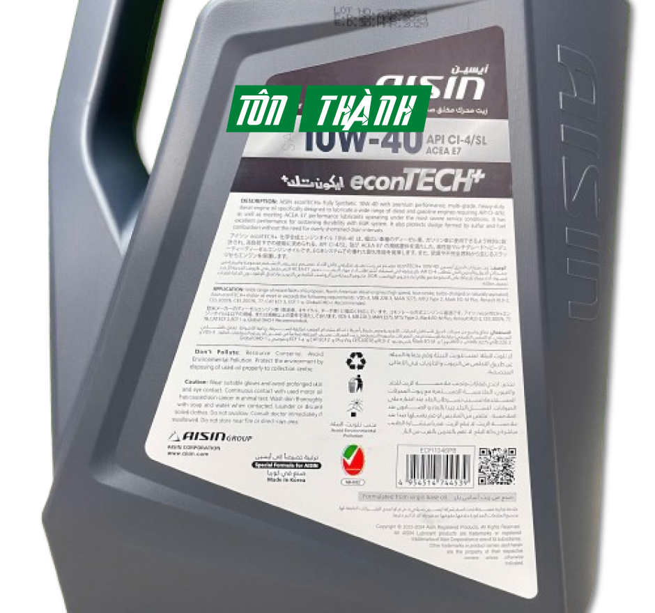 Dầu động cơ AISIN econTECH+ 10W-40 CI-4/SL - Dành cho xe Diesel/Xăng (6 Lít)