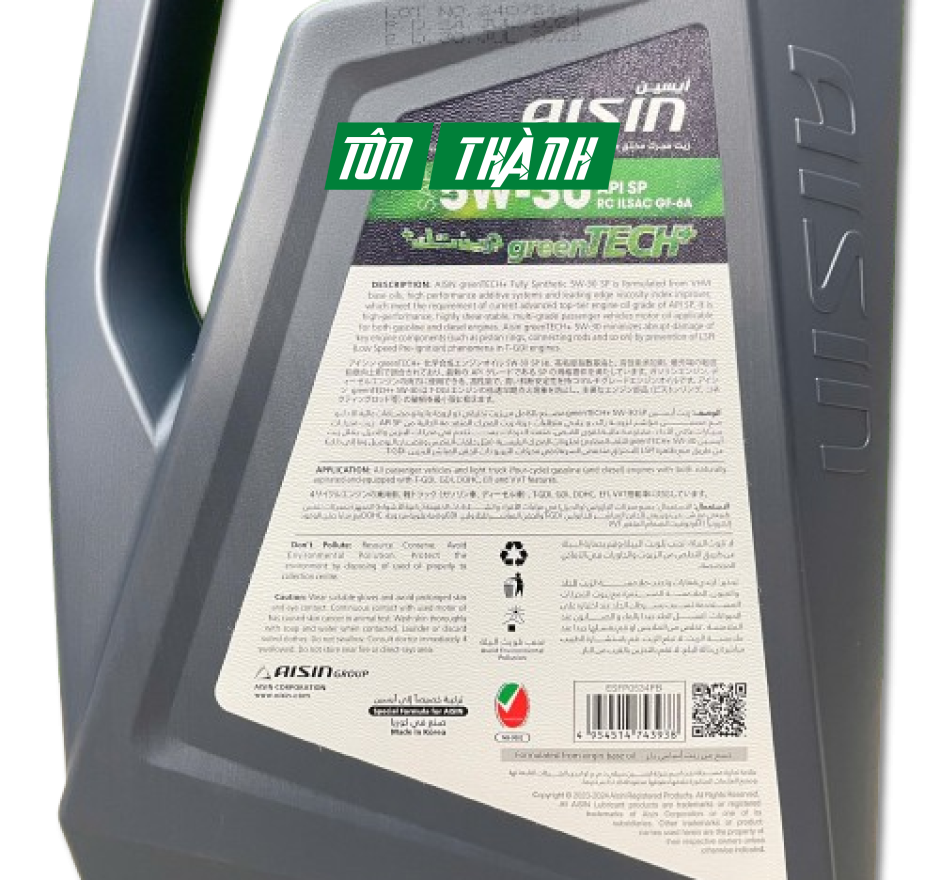 Dầu động cơ AISIN greenTECH+ Fully Synthetic 5W-30 SP (4 Lít)