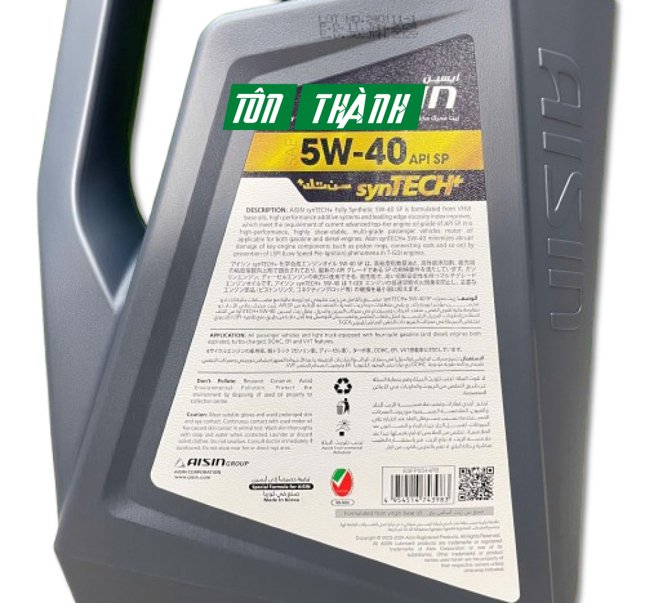 Dầu động cơ AISIN synTECH+ Fully Synthetic 5W-40 SP (4 Lít)