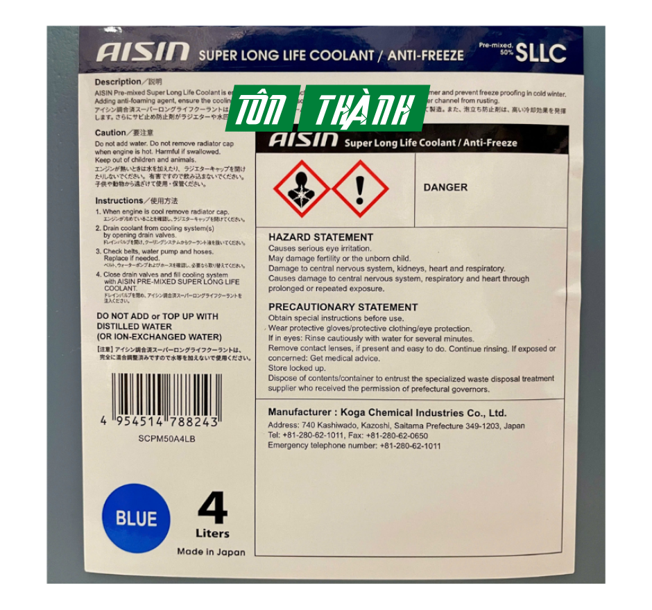 Nước Làm Mát Động Cơ AISIN 50% Màu Xanh Dương (4 Lít)