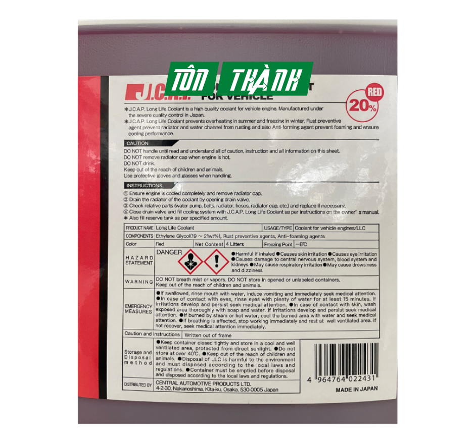 NƯỚC GIẢI NHIỆT LÀM MÁT ĐỘNG CƠ J.C.A.P XE Ô TÔ DU LỊCH ĐỎ (4 LÍT)