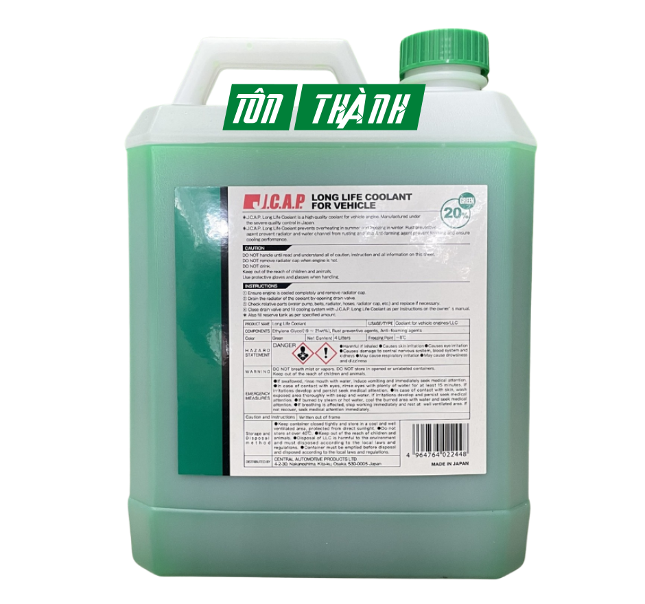 NƯỚC GIẢI NHIỆT LÀM MÁT ĐỘNG CƠ J.C.A.P XE Ô TÔ DU LỊCH XANH (4 LÍT)
