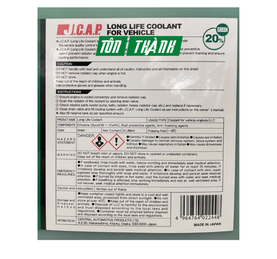 NƯỚC GIẢI NHIỆT LÀM MÁT ĐỘNG CƠ J.C.A.P XE Ô TÔ DU LỊCH XANH (4 LÍT)