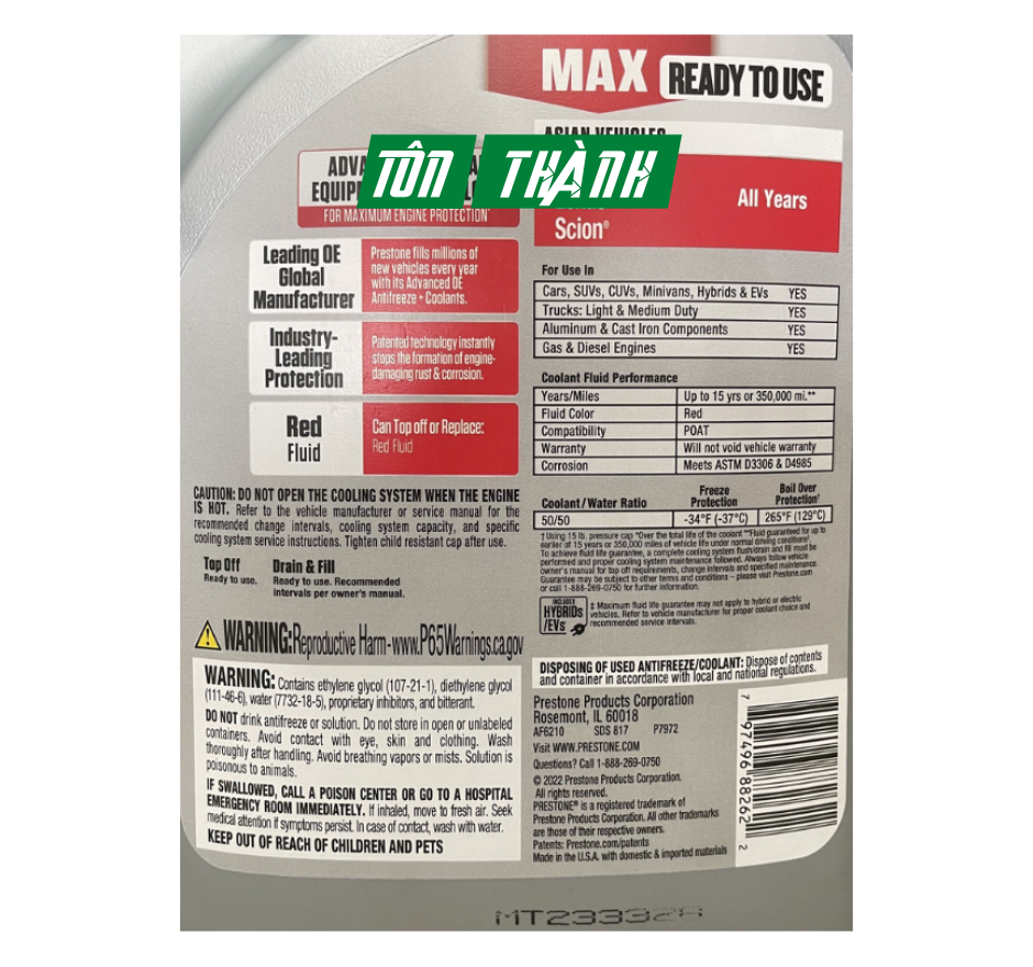 Nước làm mát động cơ Prestone MAX màu đỏ chuyên dụng cho xe Châu Á (3.78 lít)
