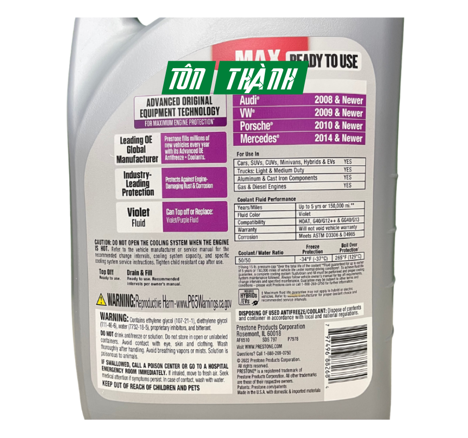 Nước làm mát động cơ Prestone MAX màu tím chuyên dụng cho xe Châu Âu (3.78 lít)