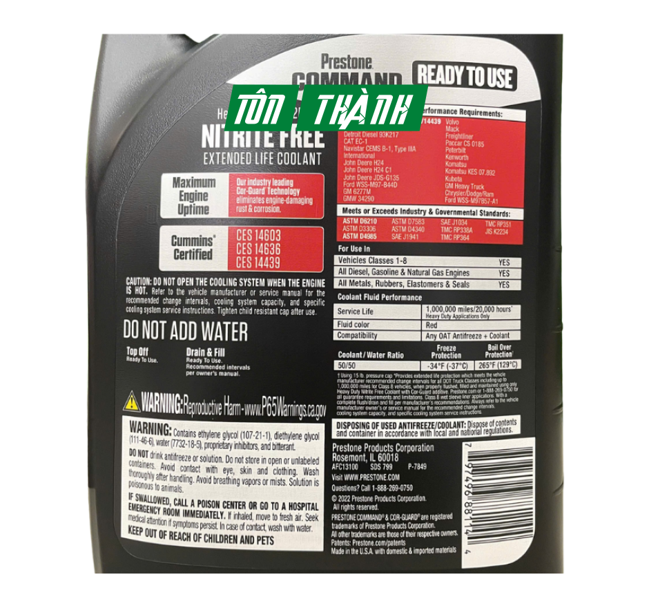 Nước làm mát màu đỏ Prestone Command Coolant 50/50 (3.78 Lít)