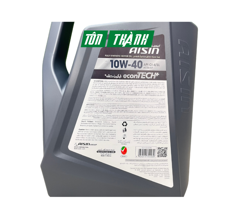 Dầu động cơ AISIN econTECH+ 10W-40 CI-4/SL - Dành cho xe Diesel/Xăng (6 Lít)