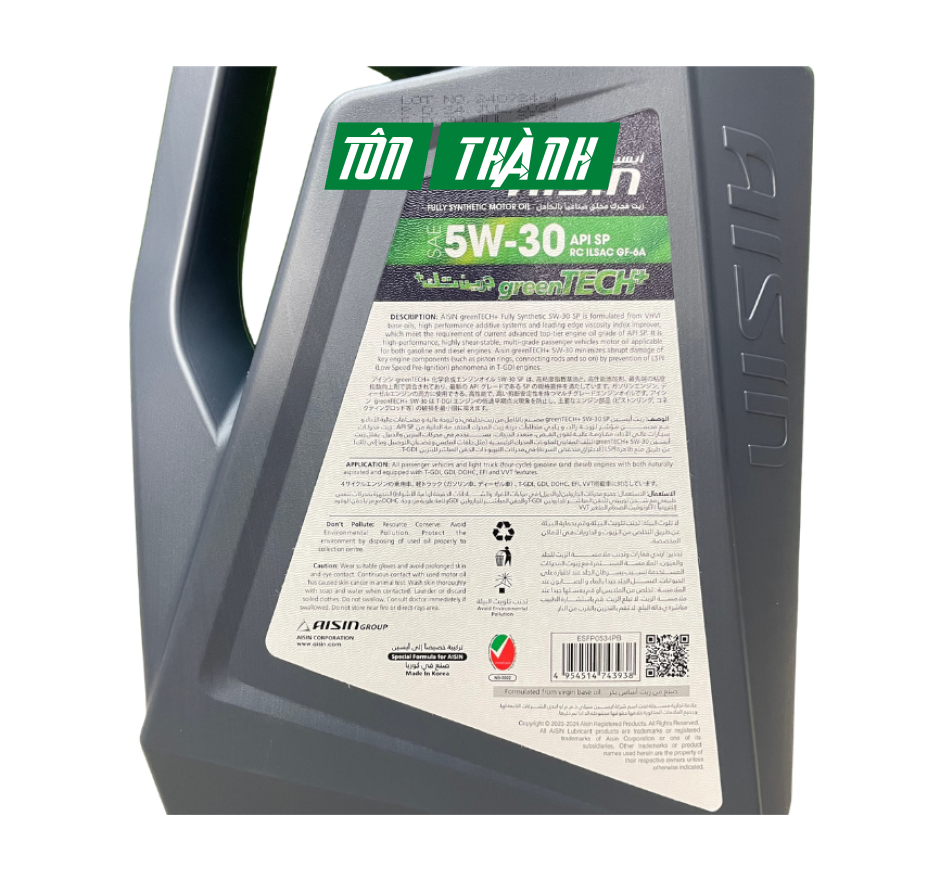 Dầu động cơ AISIN greenTECH+ Fully Synthetic 5W-30 SP (4 Lít)