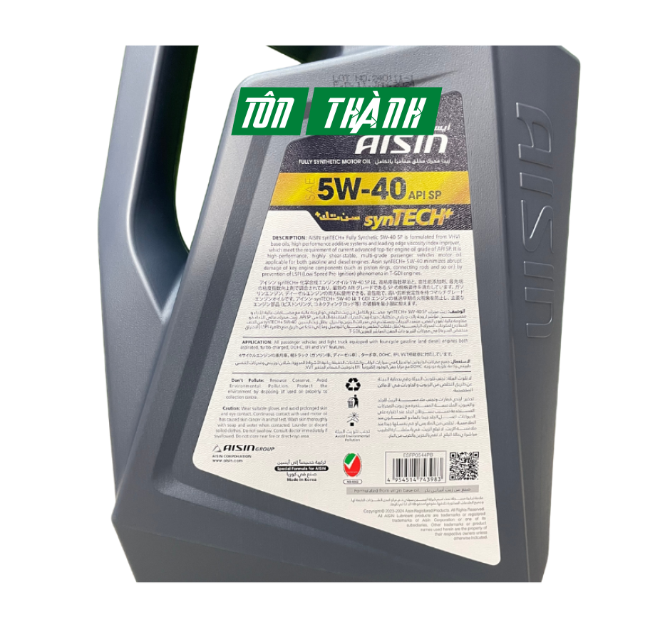 Dầu động cơ AISIN synTECH+ Fully Synthetic 5W-40 SP (4 Lít)