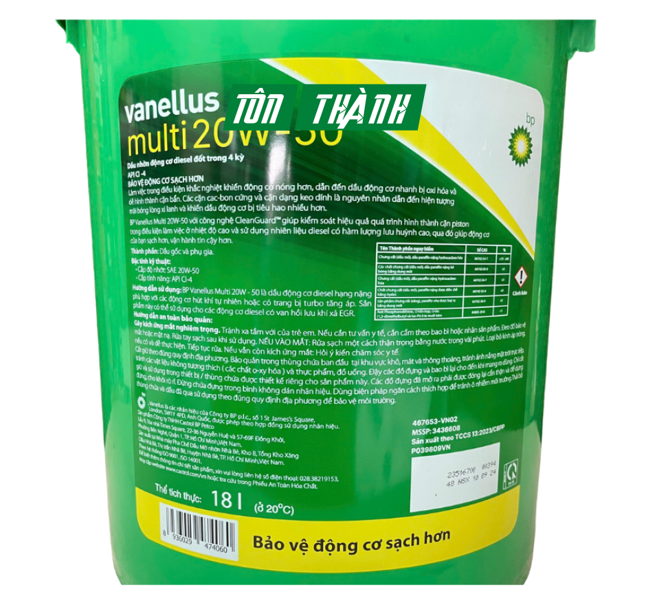 DẦU NHỚT ĐỘNG CƠ BP VANELLUS MULTI 20W50 CI-4 (18 LÍT)
