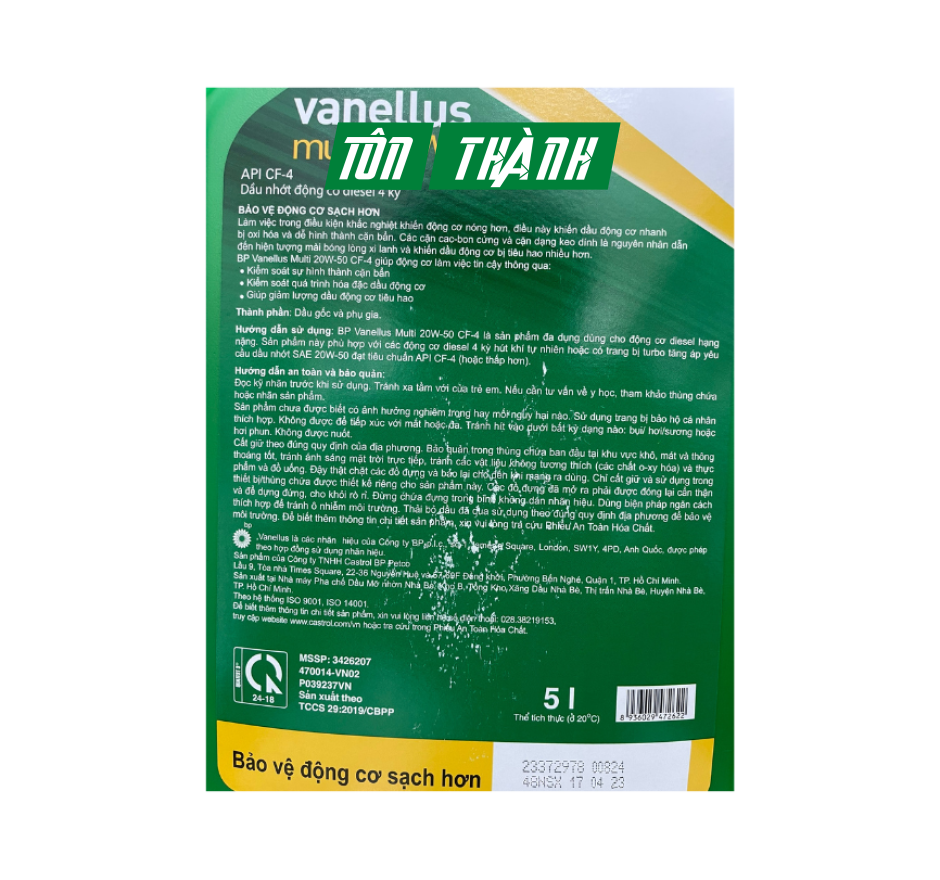 DẦU NHỚT ĐỘNG CƠ BP VANELLUS MULTI 20W50 CF-4 (5 LÍT)