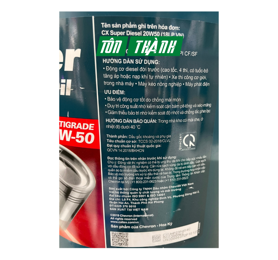 DẦU NHỚT ĐỘNG CƠ CALTEX SUPER DIESEL OIL 20W50 (18 LÍT)
