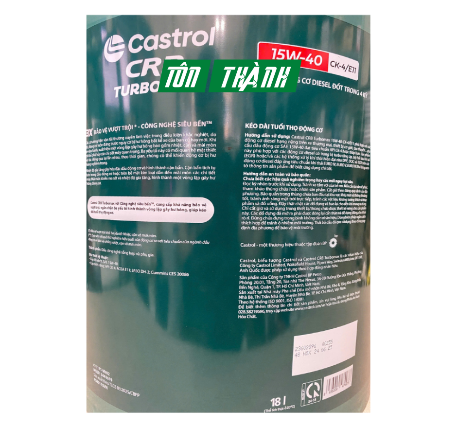 DẦU NHỚT ĐỘNG CƠ CASTROL CRB TURBOMAX 3X 15W40 CK-4 (18 LÍT)