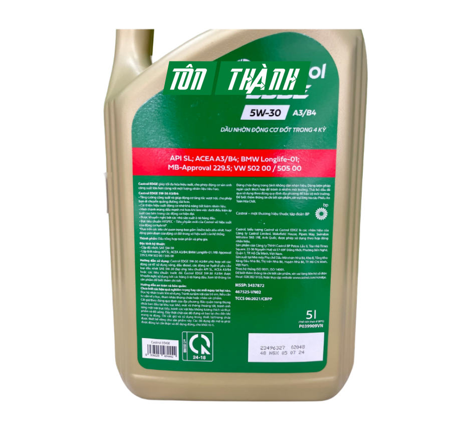 DẦU ĐỘNG CƠ CAO CẤP CASTROL EDGE 5W-30 A3/B4 (5 LÍT)