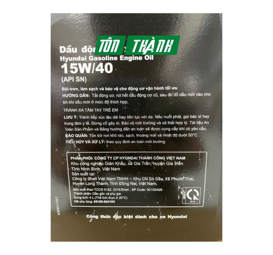 DẦU ĐỘNG CƠ XĂNG HYUNDAI CHÍNH HÃNG 15W40 (4 LÍT)
