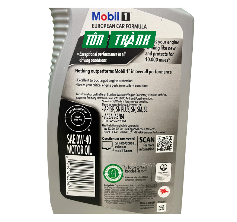 Dầu Nhớt Tổng Hợp MOBIL 1 European Car Formula 0W40 - Nhập Khẩu Châu Âu (1 Lít)