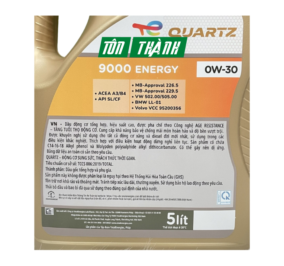 Dầu động cơ xe ô tô cao cấp TOTAL QUARTZ 9000 ENERGY 0W30