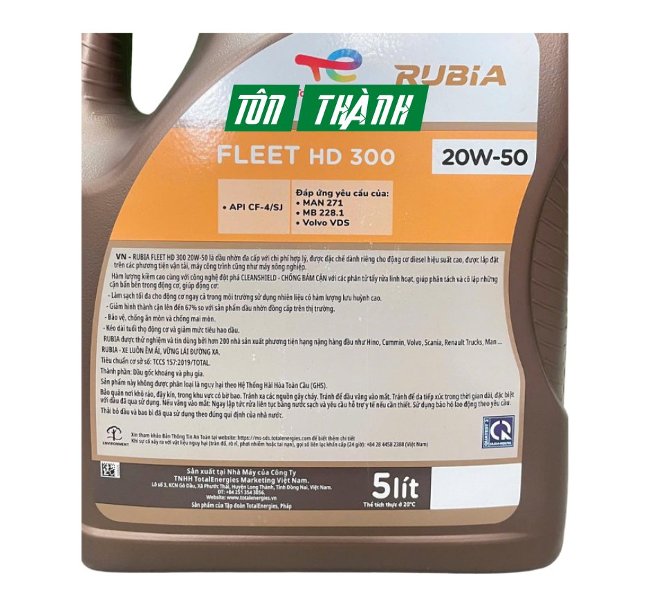 DẦU NHỚT ĐỘNG CƠ DIESEL TOTAL RUBIA FLEET HD300 20W50 API CF-4/SJ  (5 LÍT)