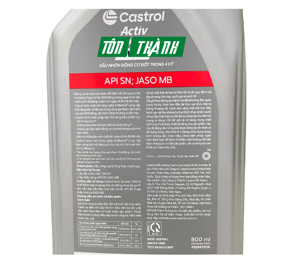 Dầu Nhớt Xe Tay Ga Castrol Activ Scooter 10W40 ( 1L & 0.8L )