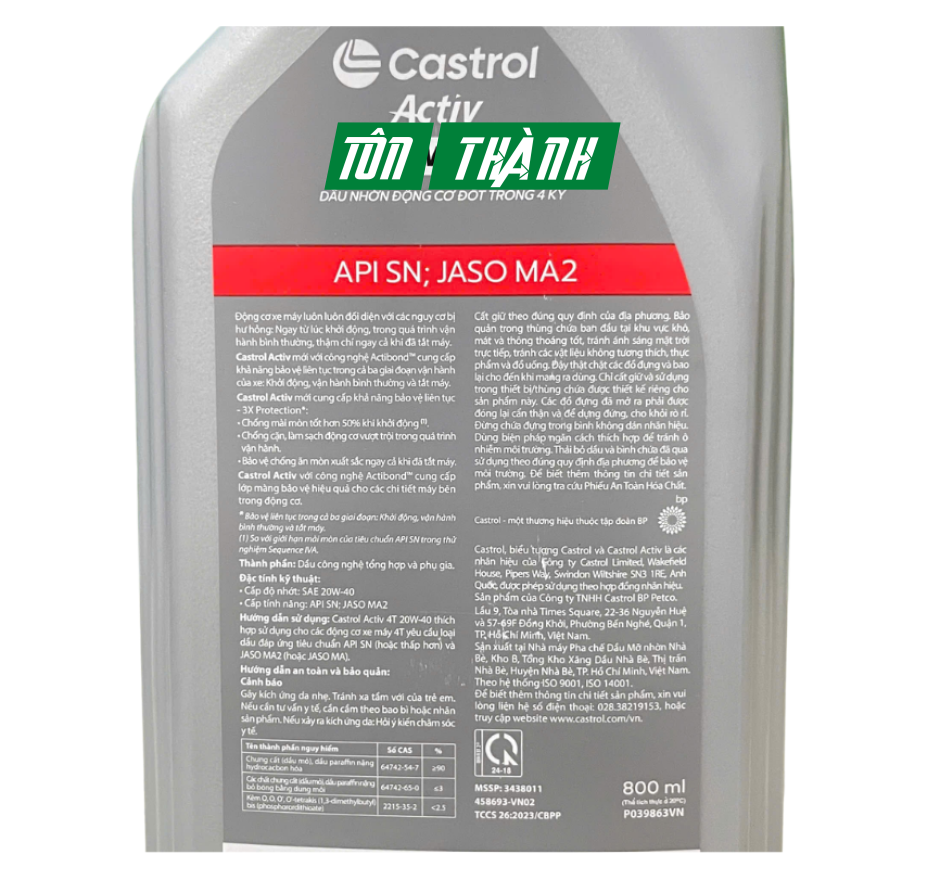 NHỚT XE SỐ CASTROL ACTIV - 20W40 (1 Lít & 0.8 Lít)