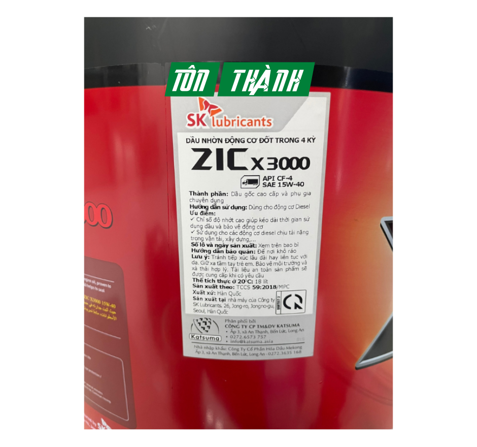 DẦU NHỚT XE TẢI NẶNG SK ZIC X3000 15W40 (18 LÍT)