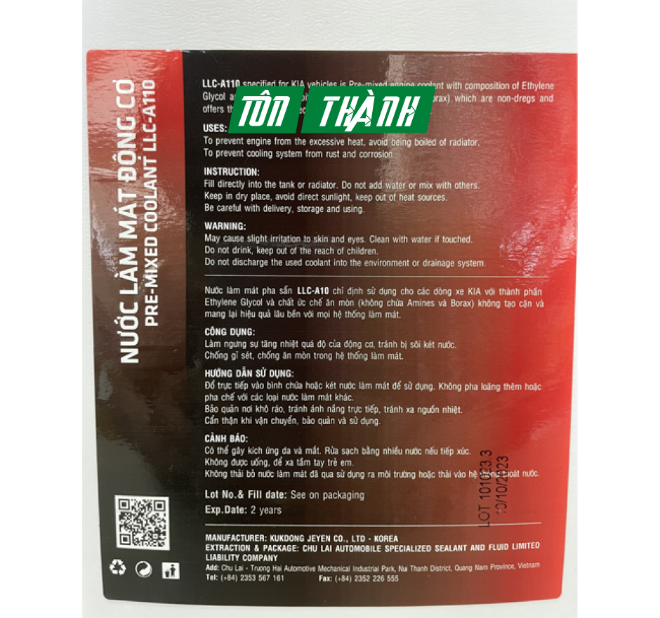 NƯỚC LÀM MÁT ĐỘNG CƠ Ô TÔ THACO MÀU ĐỎ MÃ: LLC-A110 (5 LÍT)