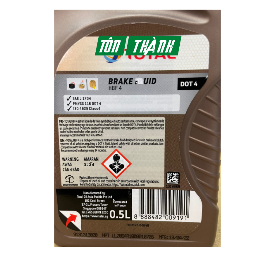 DẦU PHANH CAO CẤP TỔNG HỢP TOTAL HBF4 DOT 4 (500ML)