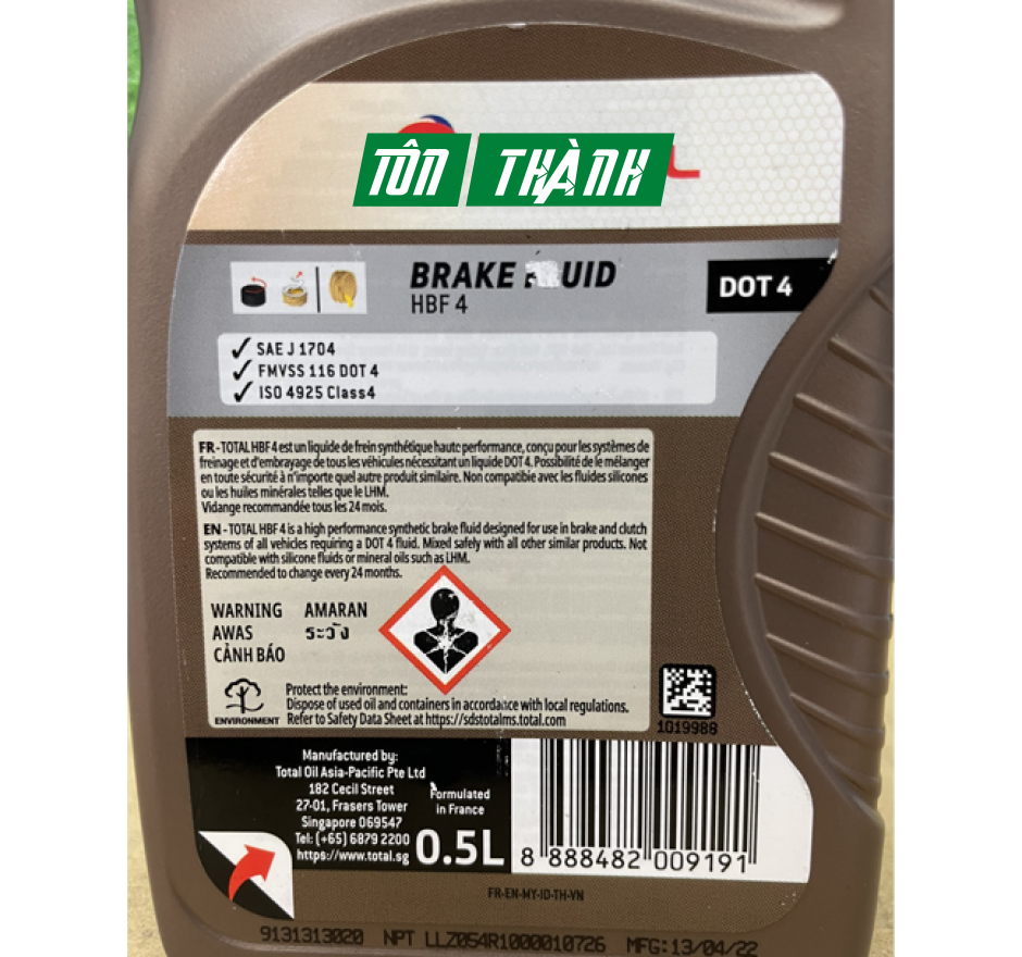 DẦU PHANH CAO CẤP TỔNG HỢP TOTAL HBF4 DOT 4 (500ML)