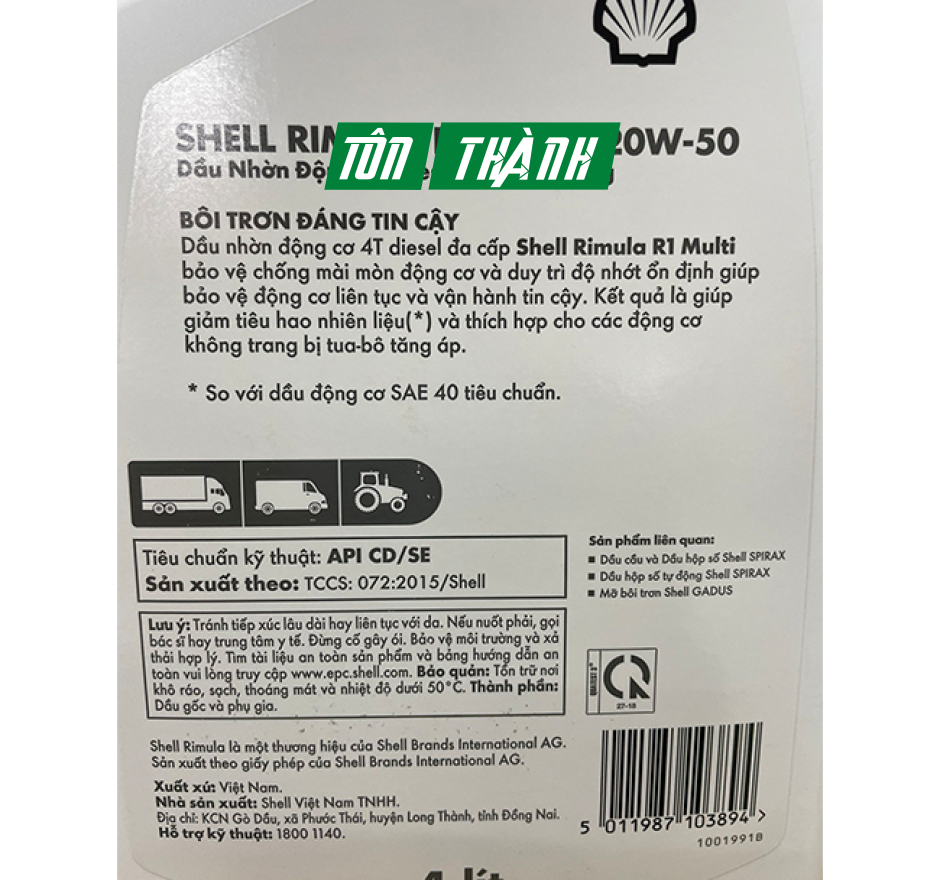DẦU NHỚT ĐỘNG CƠ SHELL RIMULA R1 20W-50 (4 LÍT)