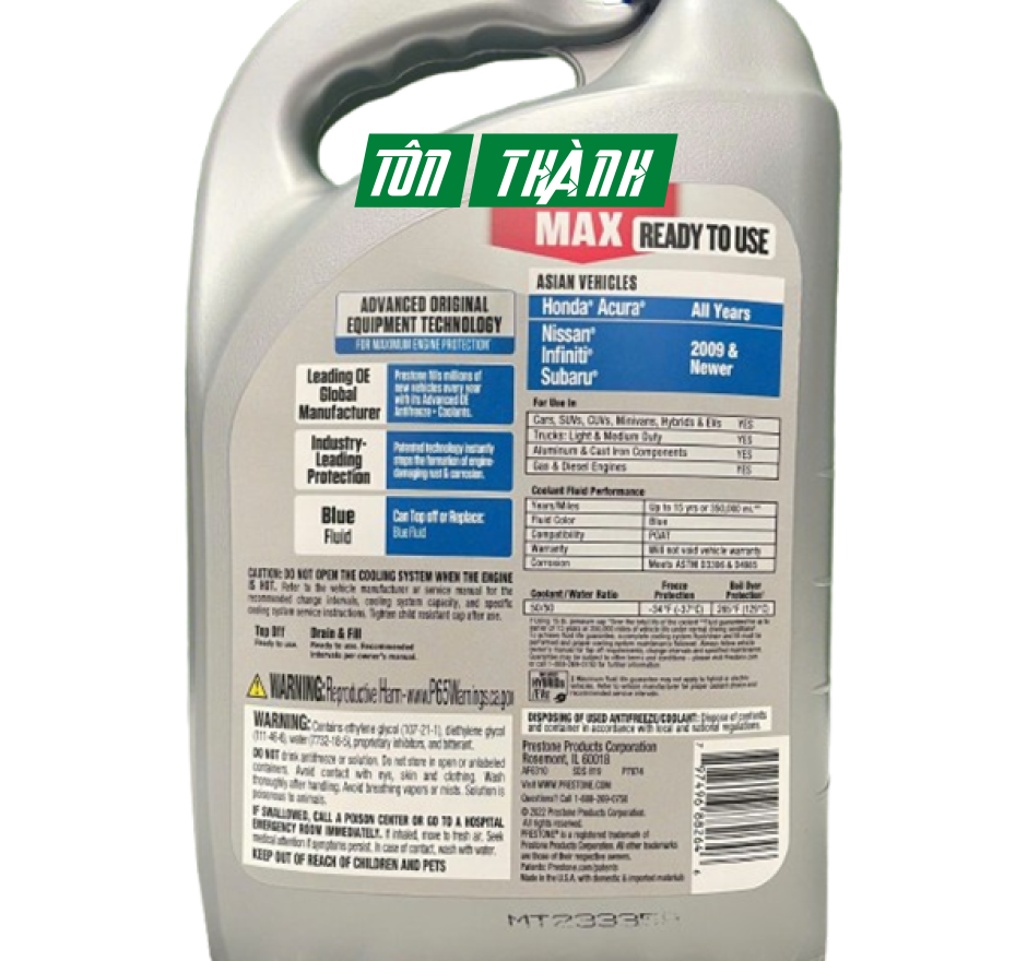 Nước làm mát động cơ Prestone MAX màu xanh dương chuyên dụng cho xe Châu Á (3.78 lít)