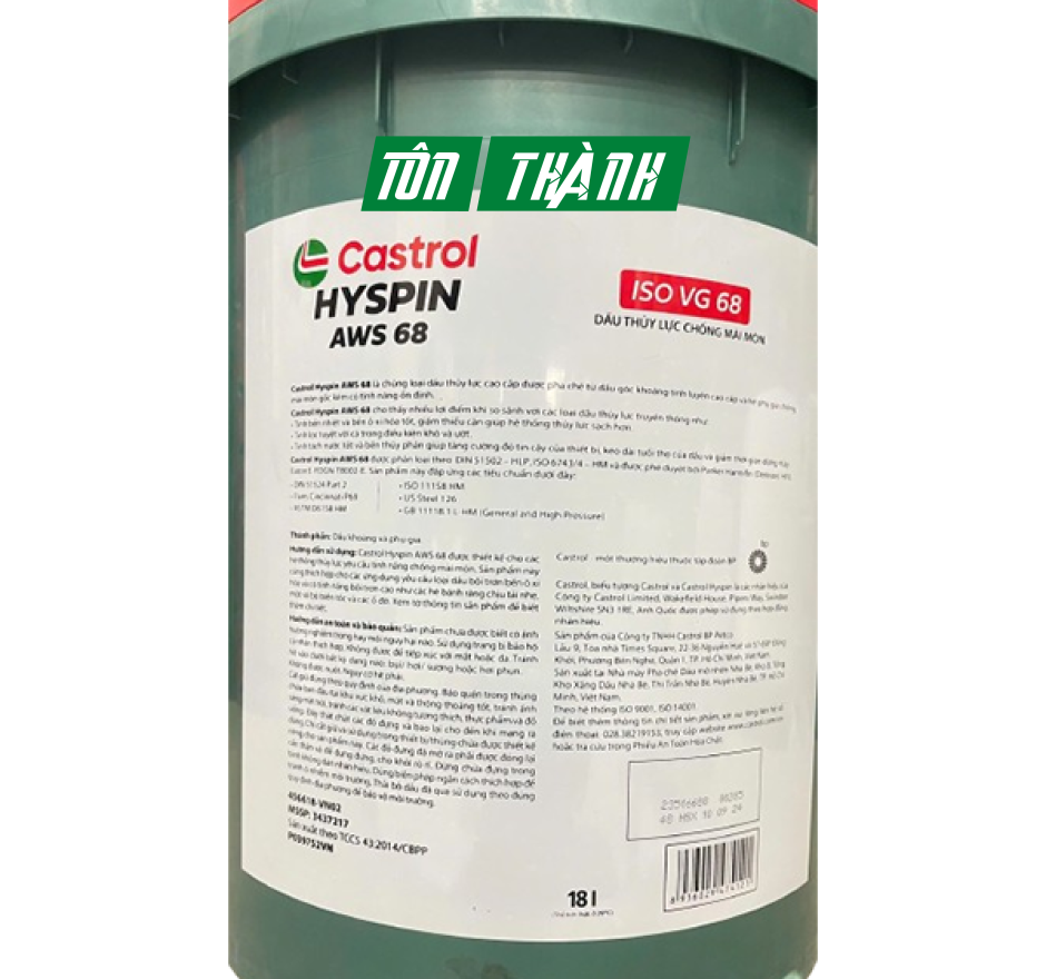 Dầu thủy lực Castrol Hyspin AWS 68 (18 Lít) - Nhớt 10